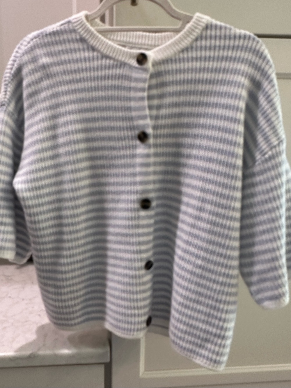 Light Blue/Gray and White Striped Knit Button-Front Sweater